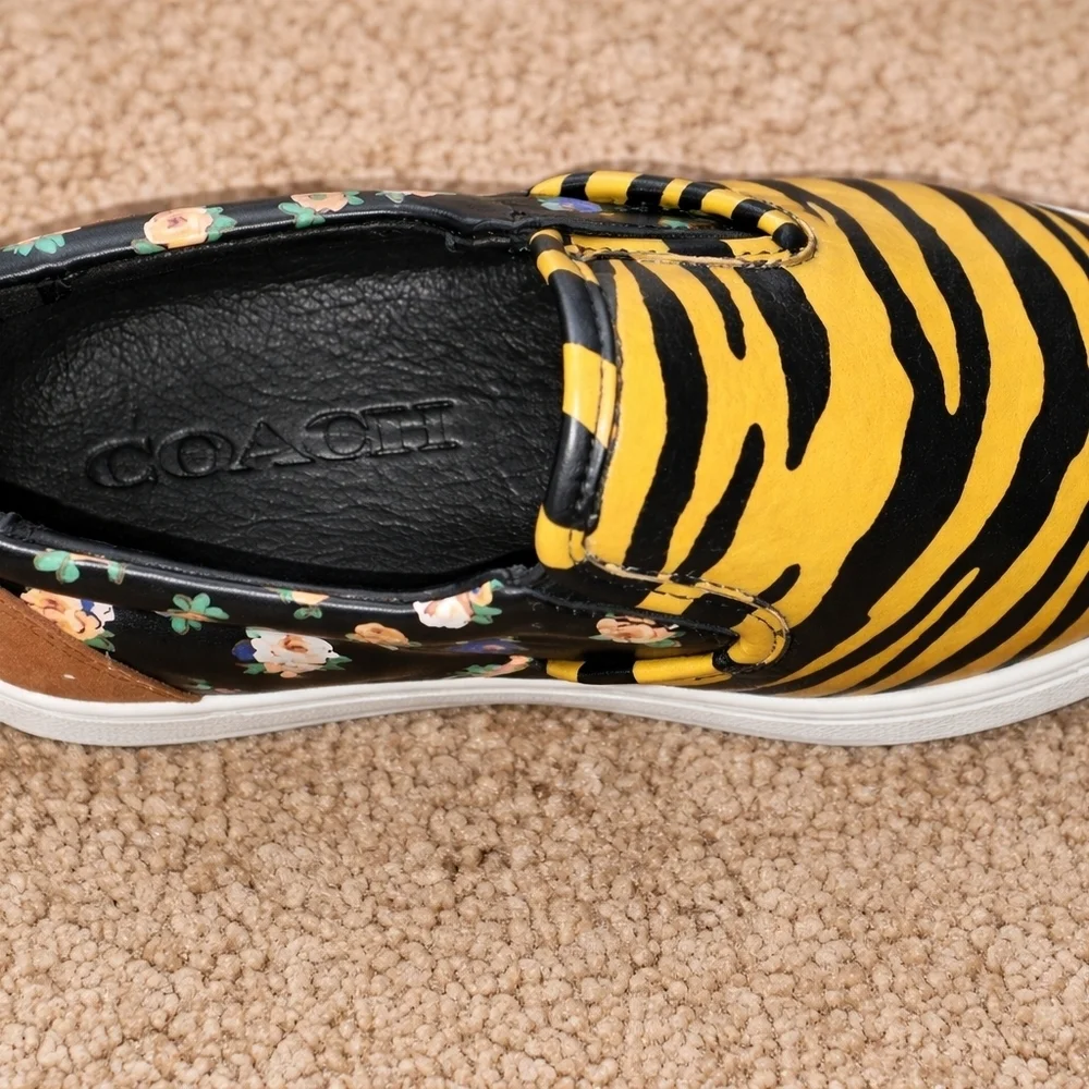 COACH Tiger Stripe Floral Slip-On Leather And Suede Sneakers.